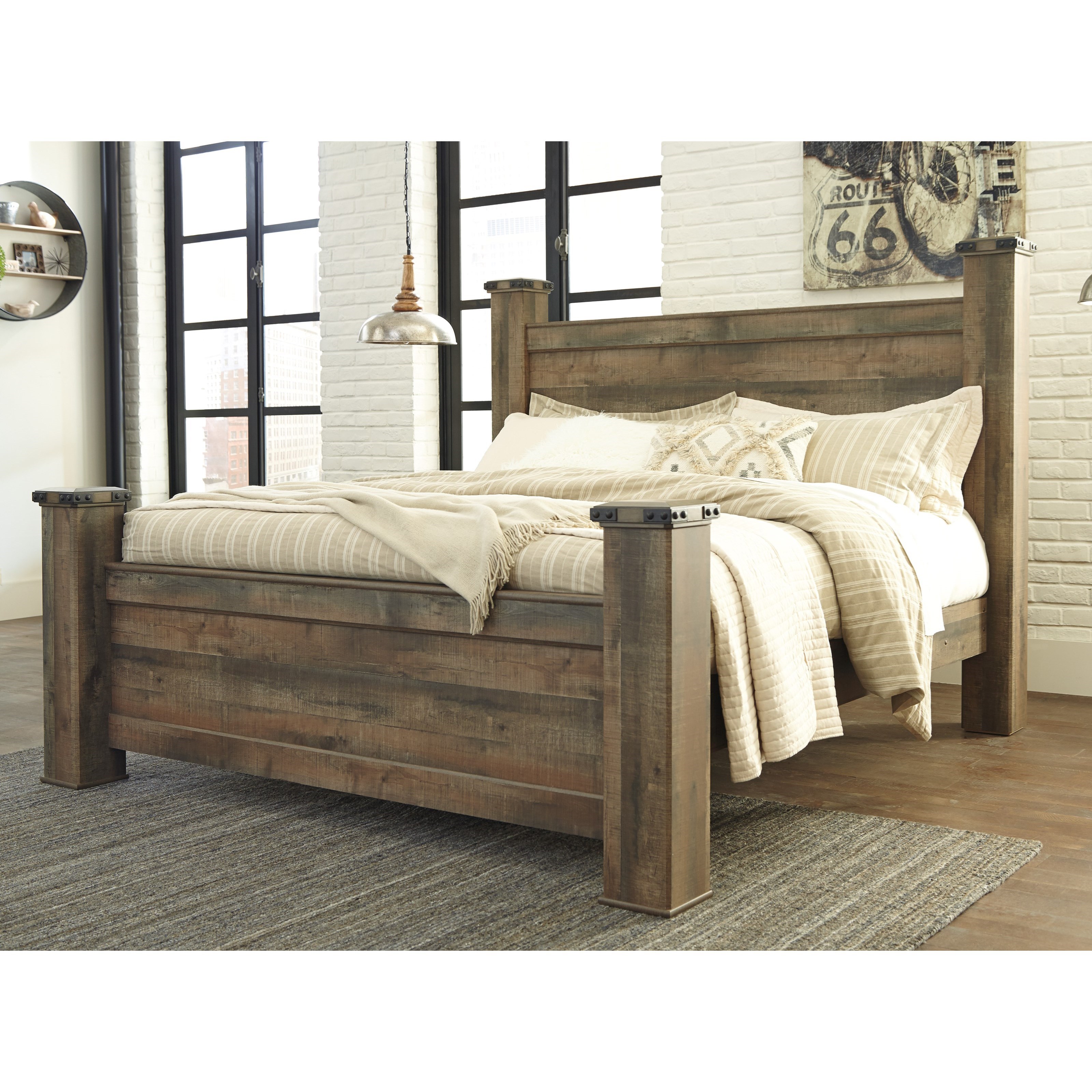 Signature Design by Ashley Trinell Rustic Look King Poster Bed Royal